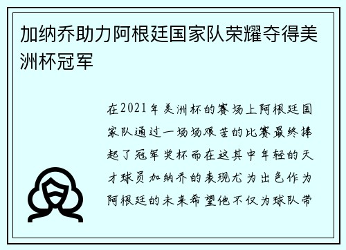 加纳乔助力阿根廷国家队荣耀夺得美洲杯冠军 加纳乔助力阿根廷国家队荣耀夺得美洲杯冠军